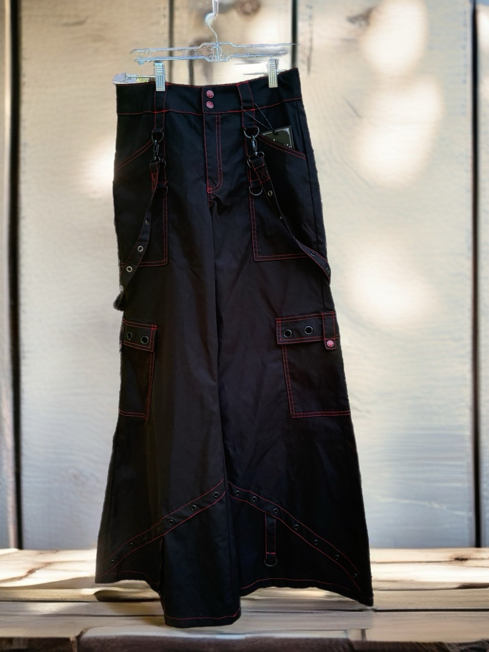 Killstar Black Wide-Leg Bondage Pants Trousers with Red Stitching Size S